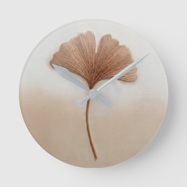 3D Textured Embroidery Ginkgo Leaf Warm Taupe⁠ Round Clock (Front)