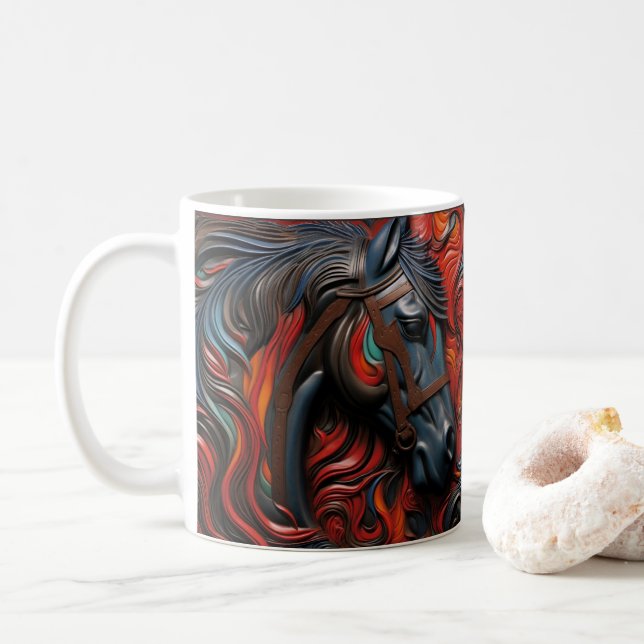 3D Tooled Leather Look Printed Black Western Horse Coffee Mug (With Donut)