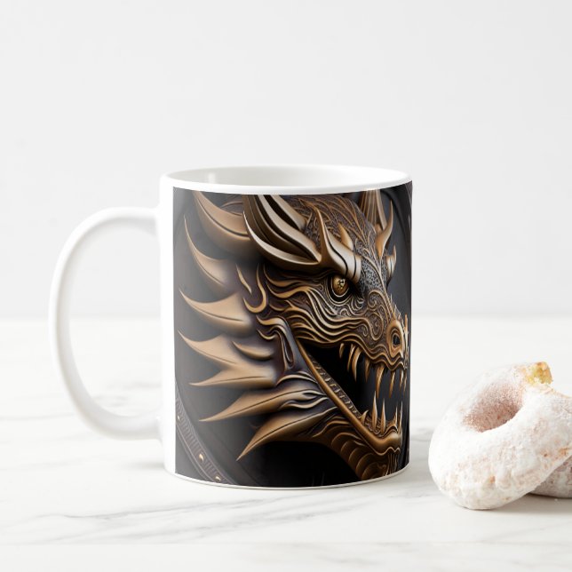 3D Tooled Leather Look Printed Dragon Coffee Mug (With Donut)