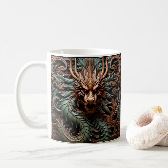 3D Tooled Leather Look Printed Dragon Coffee Mug (With Donut)