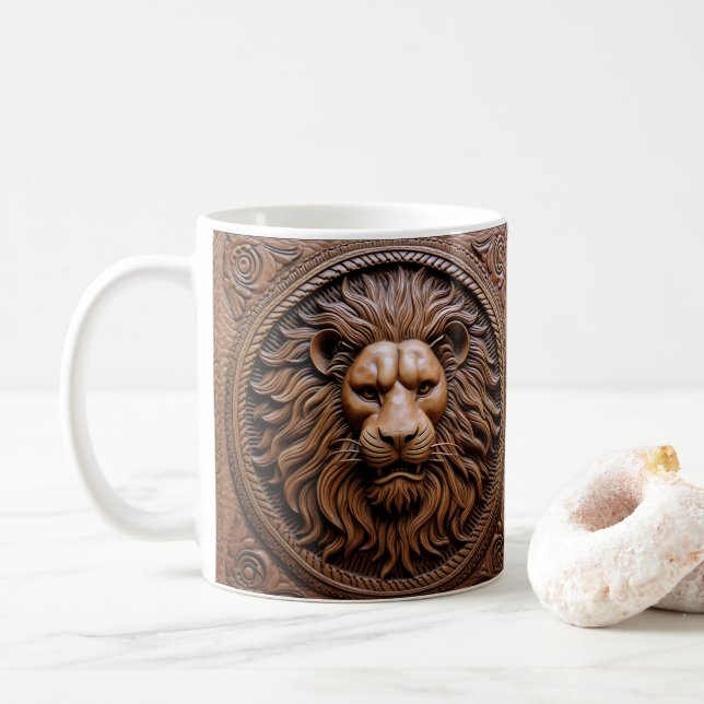 3D Tooled Leather Look Printed Lion Safari Coffee Mug (With Donut)