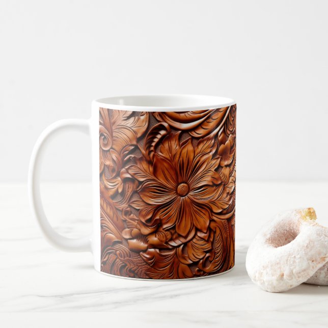 3D Tooled Leather Look Printed Western Flowers Coffee Mug (With Donut)