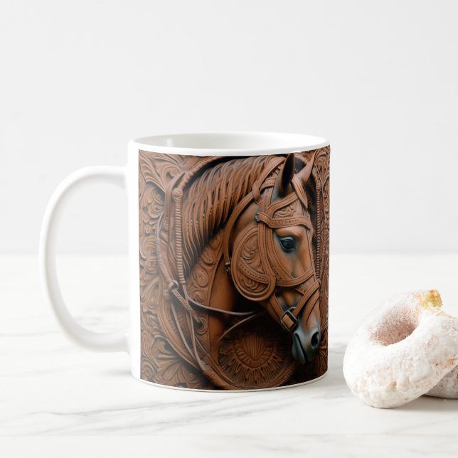 3D Tooled Leather Look Printed Western Horse Coffee Mug (With Donut)