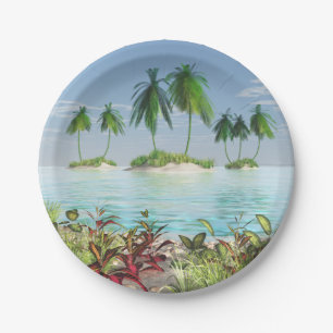 3D Tropical Sandy Beach Palm Tree Islands Paper Plate
