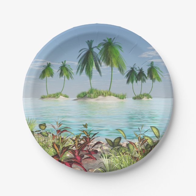 3D Tropical Sandy Beach Palm Tree Islands Paper Plate (Front)