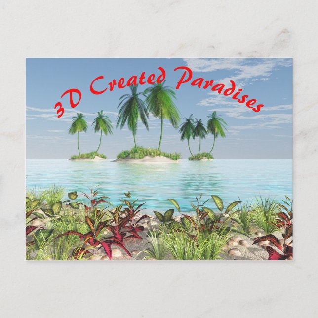 3D Tropical Sandy Beach Palm Tree Islands Postcard (Front)