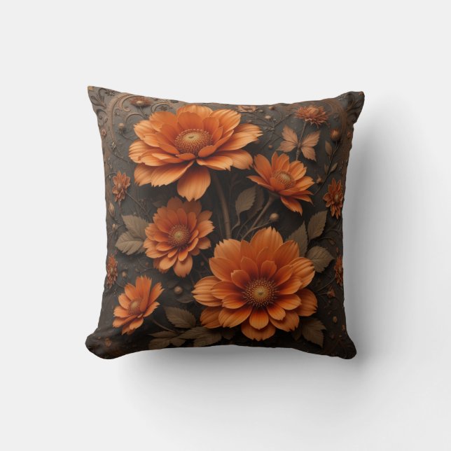3d victorian burnt orange big flowers cushion (Front)