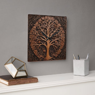 3D Warah Tree Wood Print, Square Wall Clock