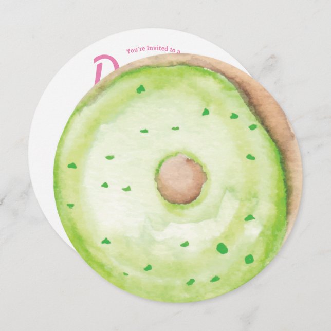 3D Watercolor Green Doughnut Sprinkle Mix Round Invitation (Front/Back)