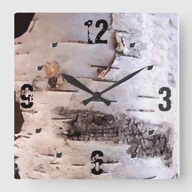 3D White Birch Bark Square Wall Clock (Front)