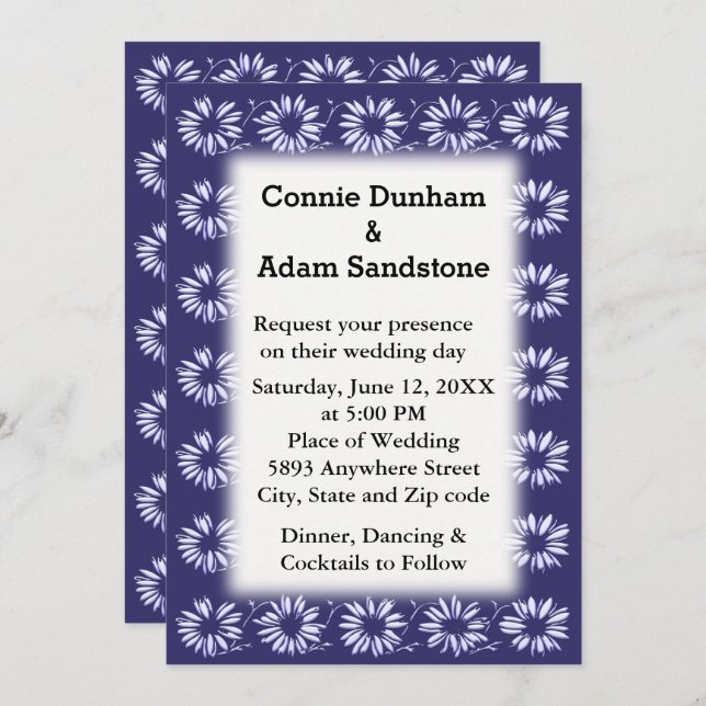 3D White Daisies Pattern Lapis Blue Wedding Invite (Front/Back)