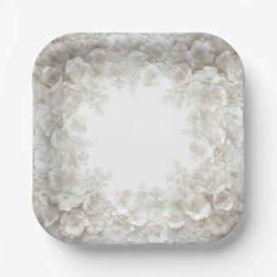 3D White Embossed Floral Elegant Wedding Paper Pla Plate
