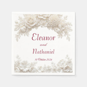 3D White Floral And Burgundy Wedding Paper Napkins