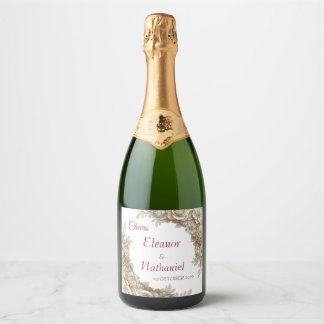3D White Floral & Burgundy Wedding Champagne Label