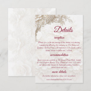 3D White Floral Burgundy Wedding Details Info Card