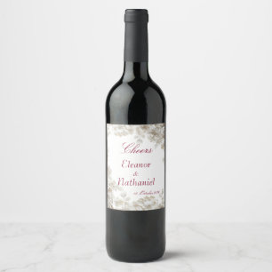 3D White Floral Burgundy Wedding Wine Bottle Label