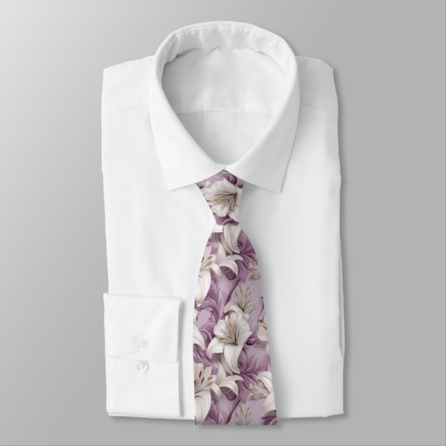 3d white pink purple lilies  tie (Tied)