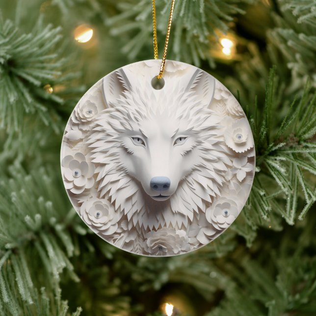 3D White Wolf Christmas Ceramic Tree Decoration (Tree)