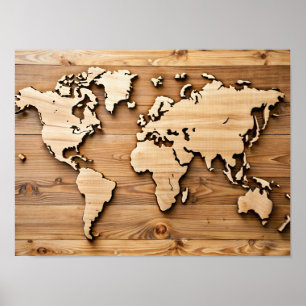 3D Wooden Wall Art Water Colour World Map Poster