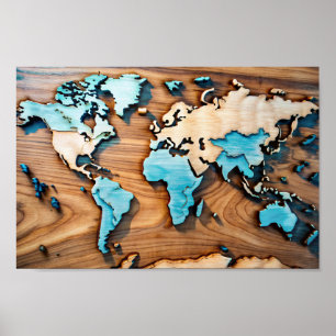 3D Wooden Wall Art World Map Poster