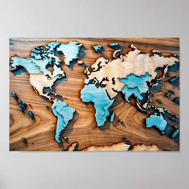 3D Wooden Wall Art World Map Poster (Front)
