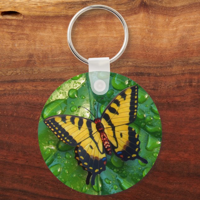 3D Yellow Butterfly on Green leaf Raindrops   Key Ring (Front)