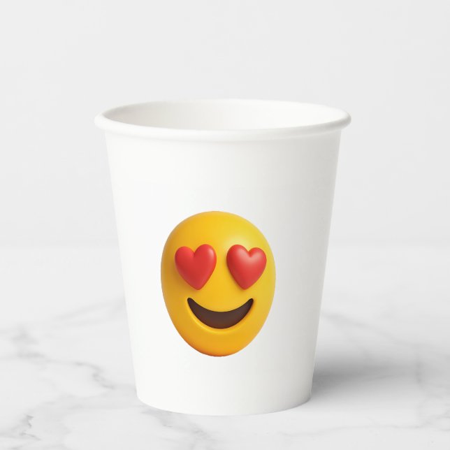 3d yellow smiling emoji face with heart shaped eye paper cups (Front)