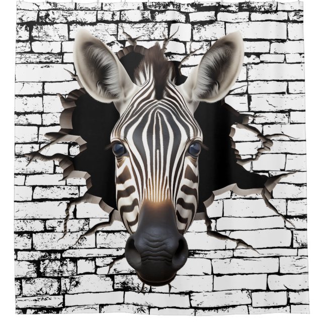 3D Zebra Wall Break Art – Realistic Safari Shower Curtain (Front)