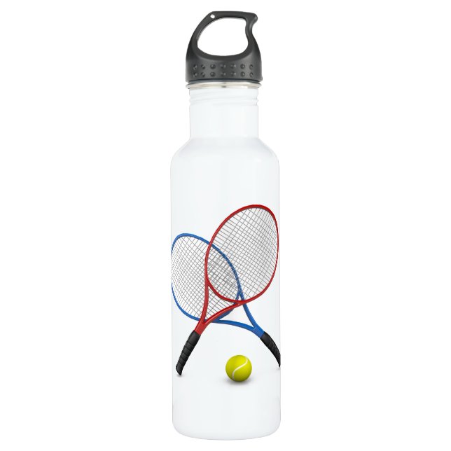 3Dred and blue tennis rackets with tennis ball. 710 Ml Water Bottle (Front)