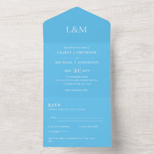 3in1 Aqua Sky Blue Text Only Wedding Invite RSVP