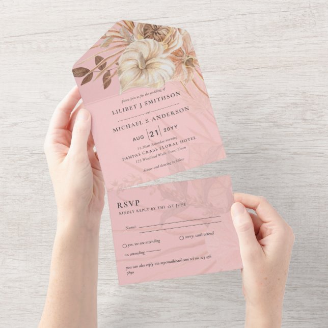 3in1 BOHO Pampas Grass Terracotta Wedding RSVP All In One Invitation (Tearaway)