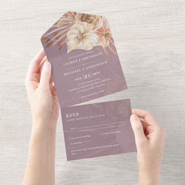 3in1 BOHO Pampas Grass Terracotta Wedding RSVP All In One Invitation (Tearaway)