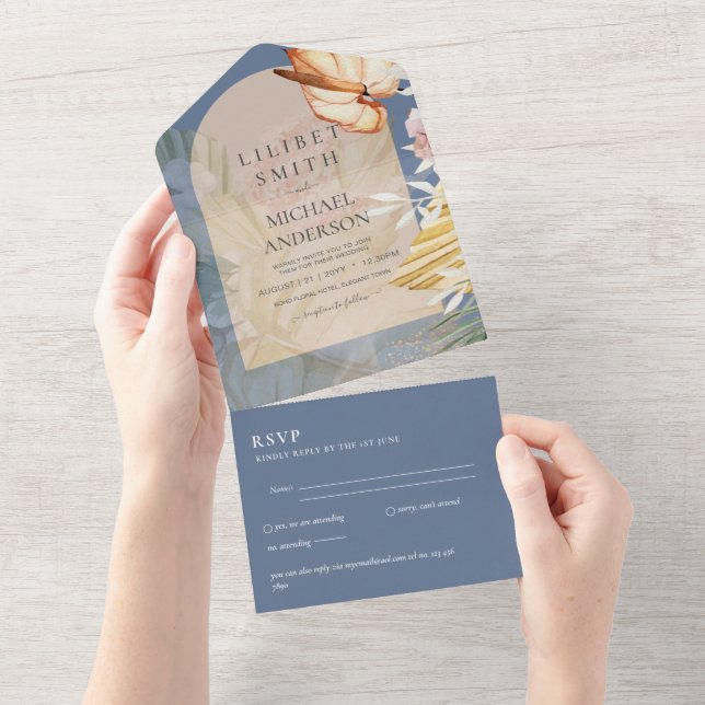 3in1 Boho Pampas Grass Wedding RSVP All In One Invitation (Tearaway)