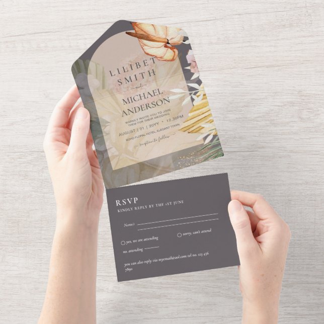 3in1 Boho Pampas Grass Wedding RSVP All In One Invitation (Tearaway)