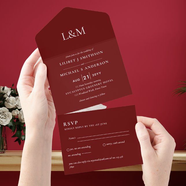 3in1 Burgundy Text Only Wedding Invite RSVP (Creator Uploaded)