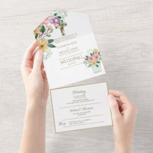 3in1 Catholic Wedding Invites Floral Gold RSVP