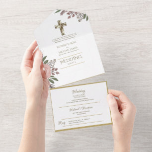 3in1 Catholic Wedding Invites Floral Gold RSVP