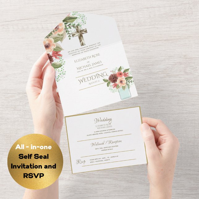 3in1 Catholic Wedding Invites Floral Gold RSVP (Creator Uploaded)