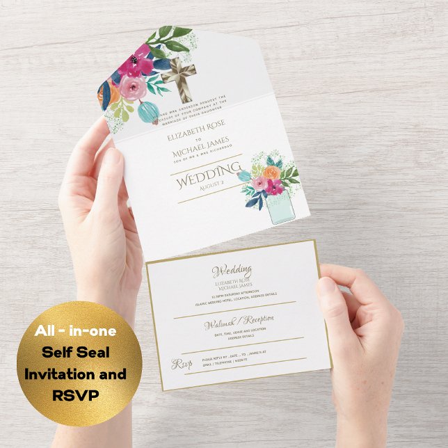 3in1 Catholic Wedding Invites Floral Gold RSVP (Creator Uploaded)