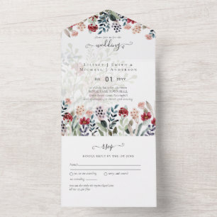 3in1 Dusty Blue Burgundy Floral Wedding All In One Invitation