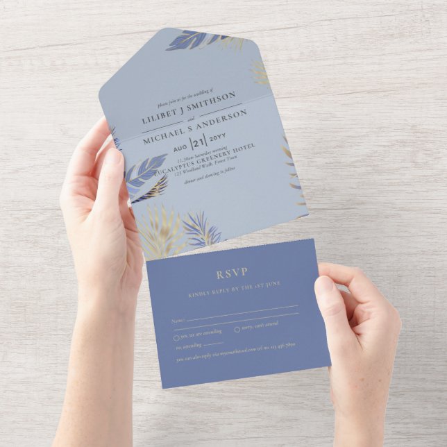 3in1 Dusty Blue Gold Boho Feathers Wedding RSVP All In One Invitation (Tearaway)