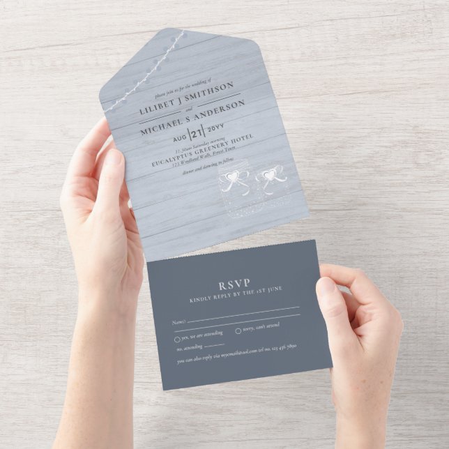 3in1 Dusty Blue Mason Jars Lights Wedding RSVP All All In One Invitation (Tearaway)