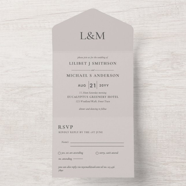3in1 Light Sand Text Only Wedding Invite RSVP (Inside)
