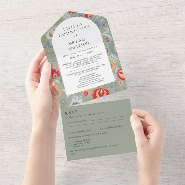 3in1 Olive Green Folk Art Floral PHOTO Floral All In One Invitation (Tearaway)