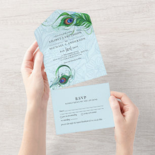 3in1 Peacock Blue Green Feather Wedding RSVP All I All In One Invitation