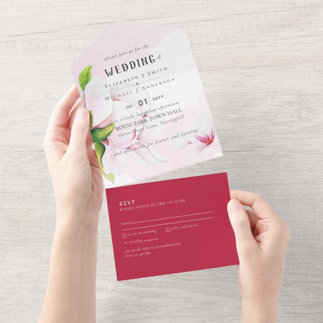 3in1 Pink Magnolia Rose Wedding RSVP All In One Invitation (Tearaway)