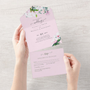 3in1 Pink Magnolias Sage Eucalyptus Wedding RSVP A All In One Invitation