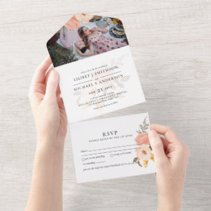 3in1 Rustic Peach Bronze PHOTO Wedding INVITE RSVP