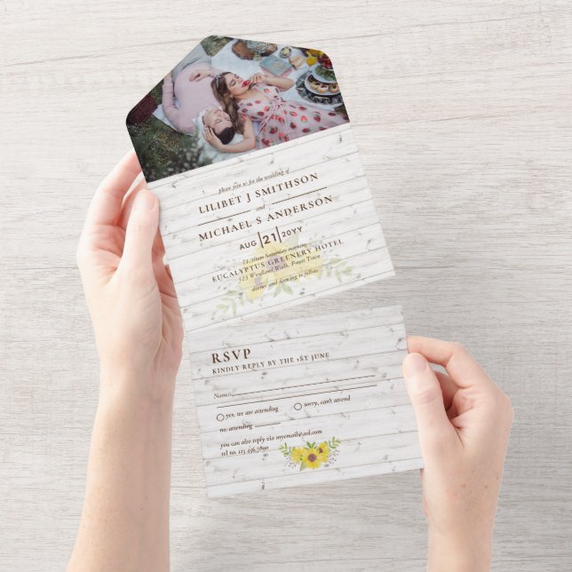 3in1 Rustic Sunflowers Woodland  Wedding RSVP All  All In One Invitation (Tearaway)