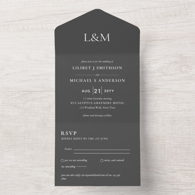 3in1 Slate Grey Text Only Wedding Invite RSVP (Inside)